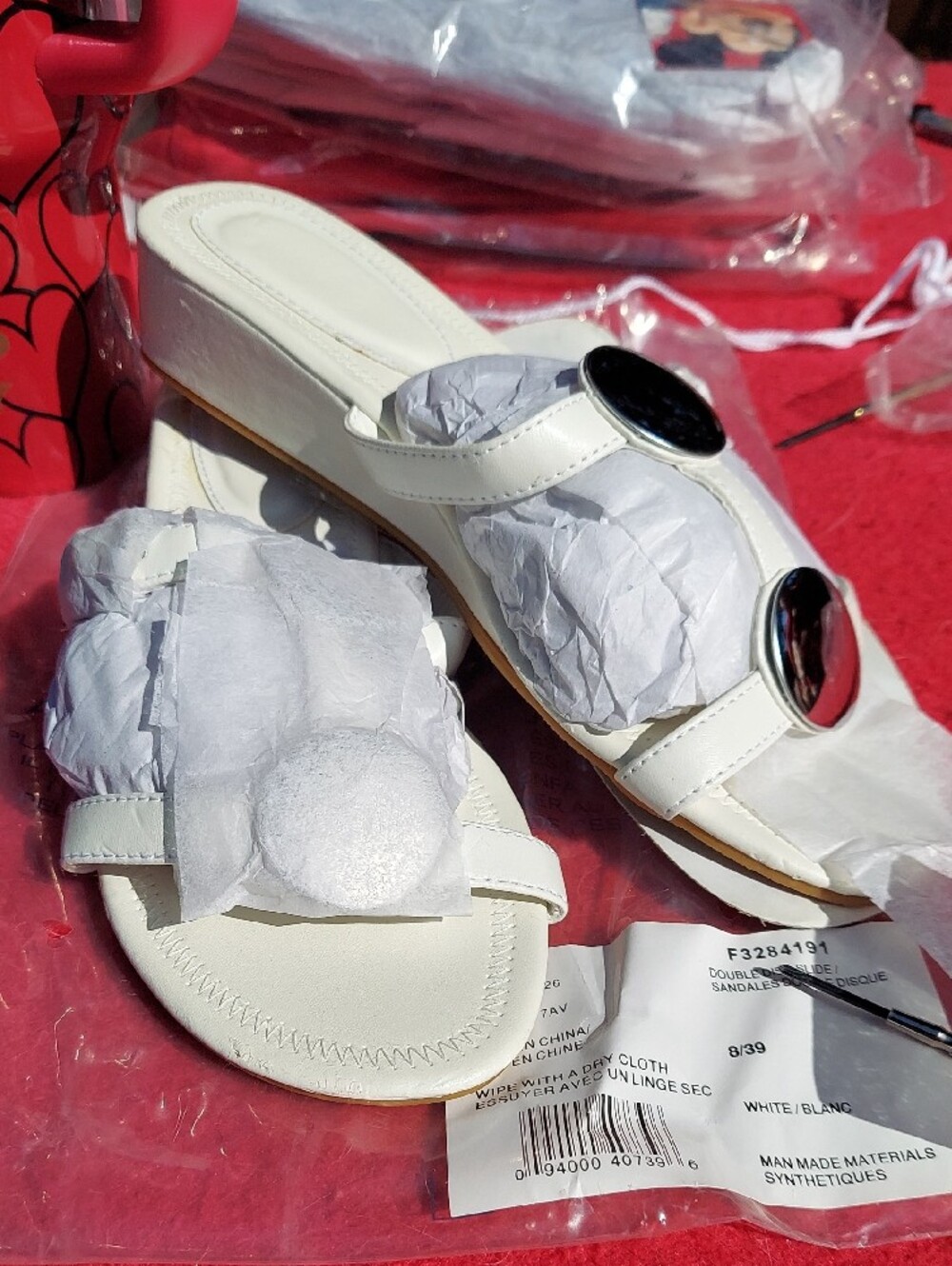 Avon White Slide Mules with Silver Disc Accents